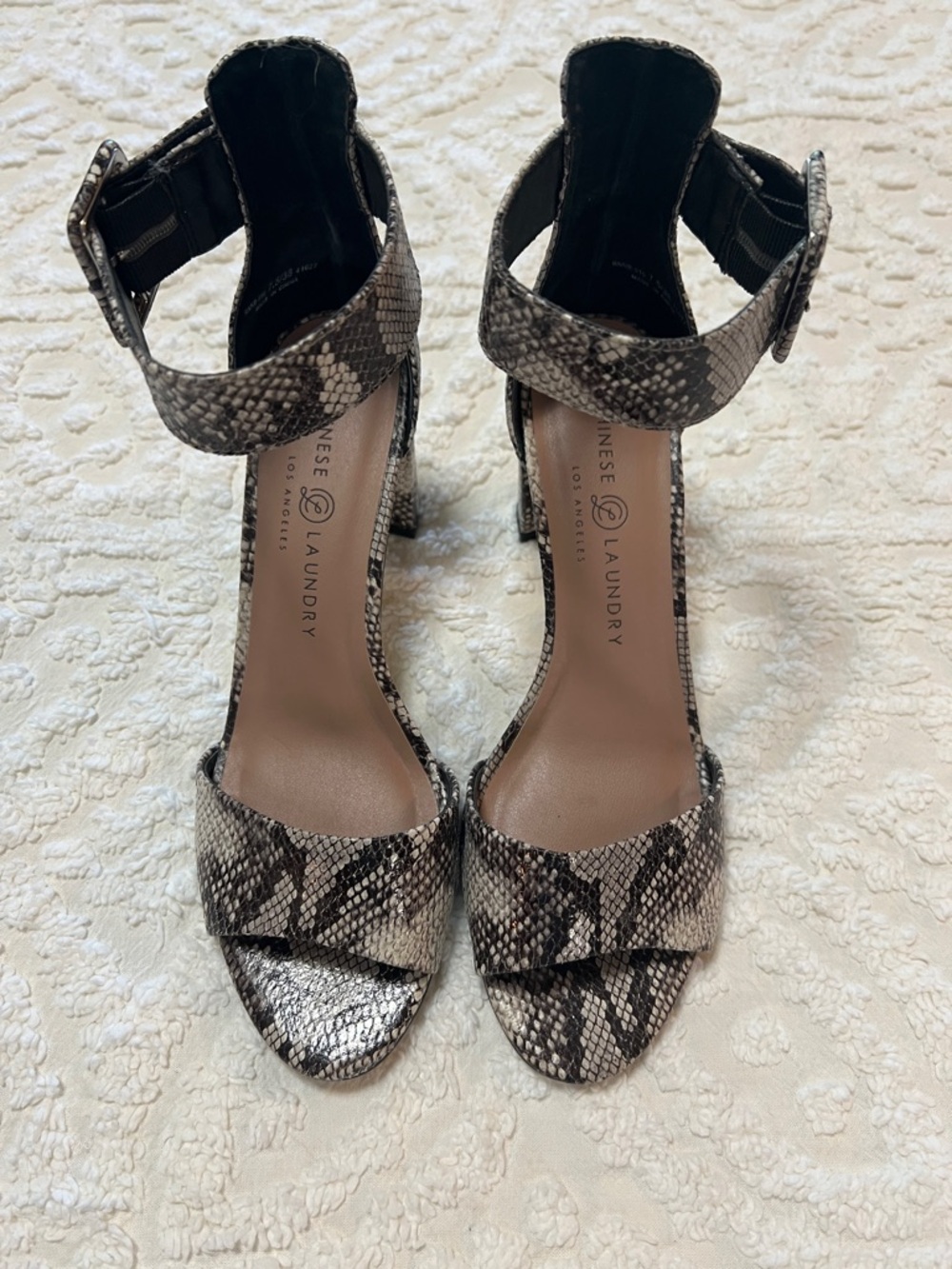 Chinese Laundry Snakeskin Ankle-Strap Heels in Gray and Brown